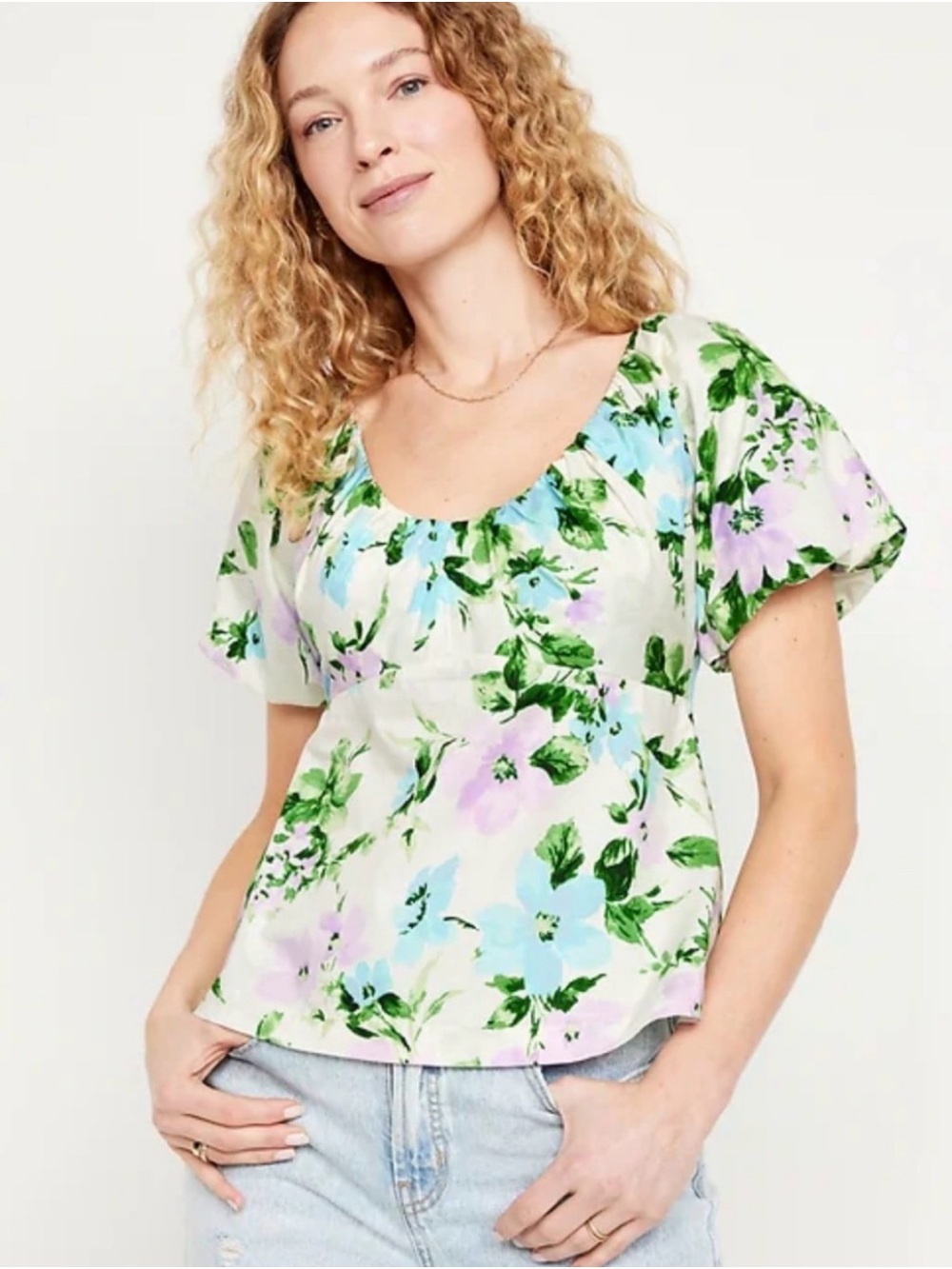 Old Navy Cream Floral Scoop-Neck Blouse with Green Accents